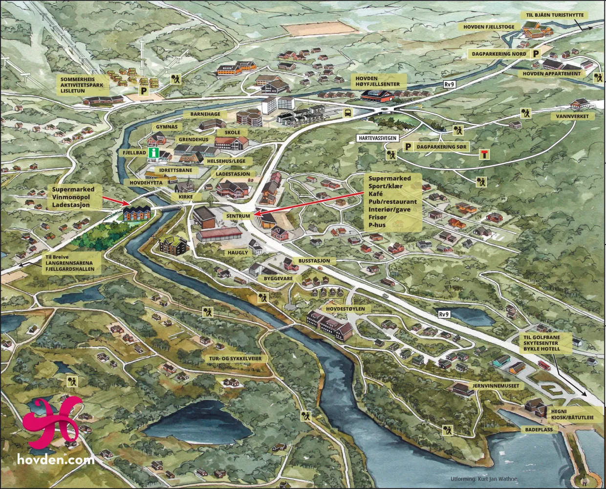 Illustrert oversiktskart over Hovden med veier, bygninger, parkering, sentrum, elv og innsjø samt ulike tjenester.